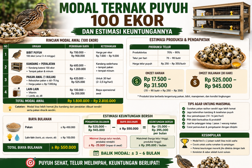 Modal Ternak Puyuh 100 Ekor dan Estimasi Keuntungannya