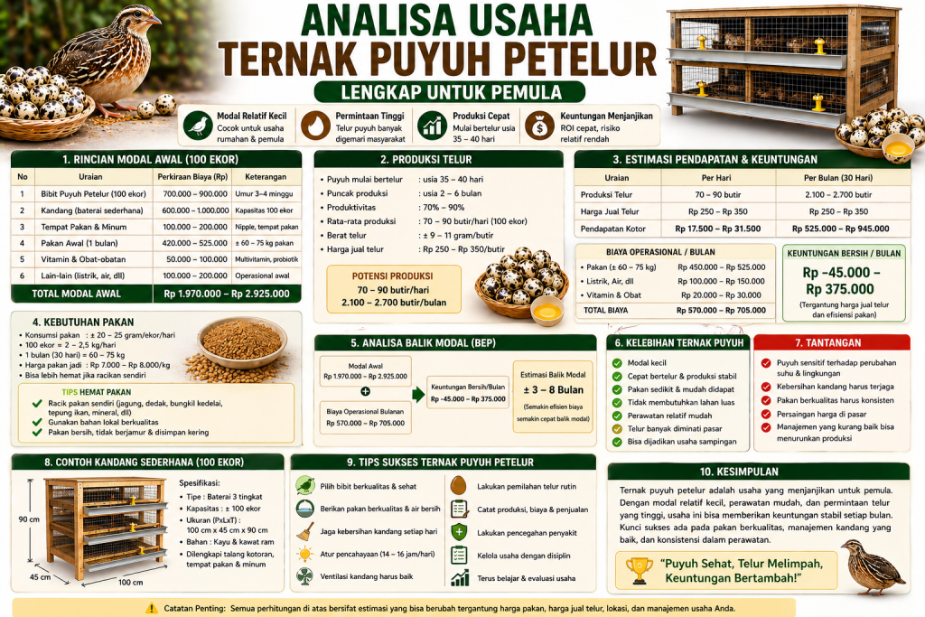 Analisa Usaha Ternak Puyuh Petelur Lengkap untuk Pemula